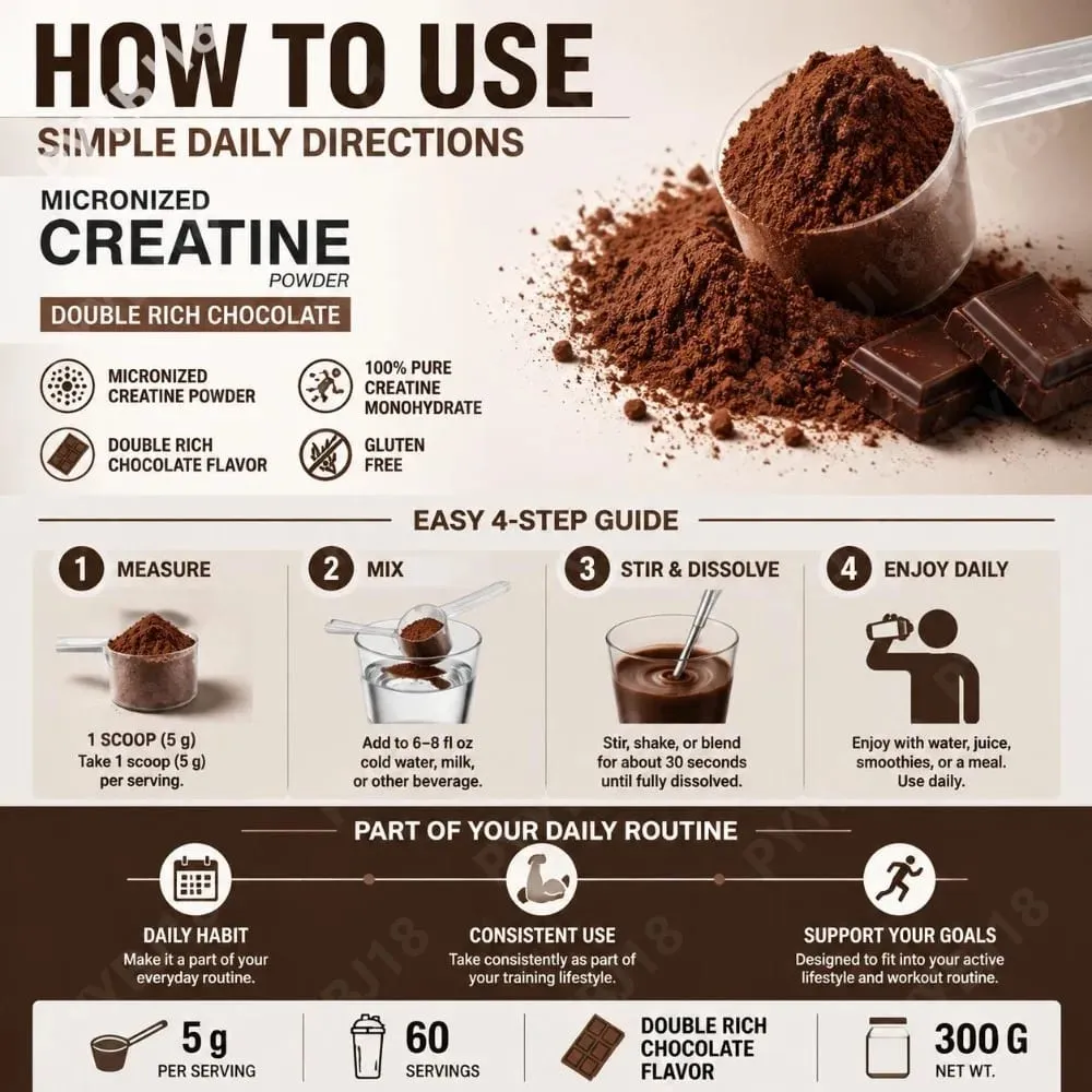 Micronized Creatine Monohydrate Powder 5g Supports Muscle Strength Workout Recovery & Training Performance Chocolate Flavor 300g