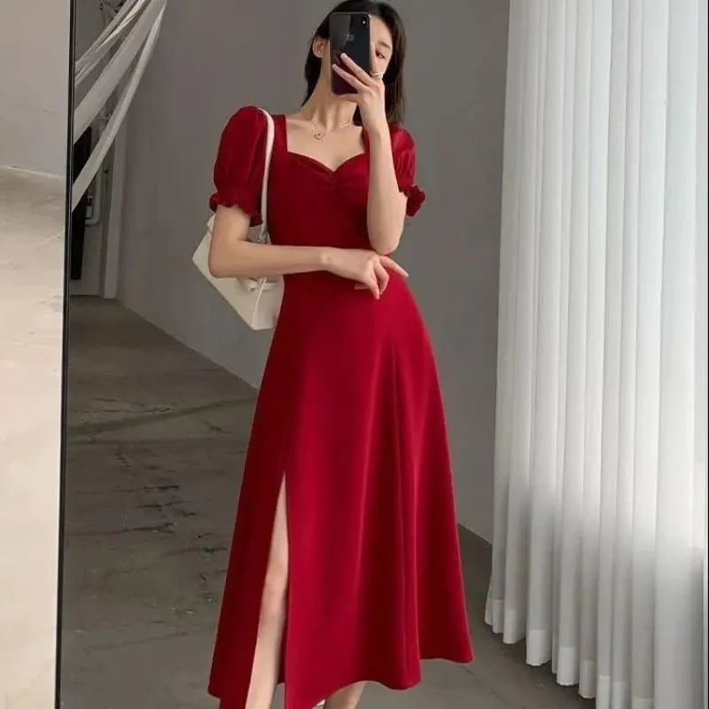 Solid Puff Kortærmet Elegant Slidkjole Ny Mode Kvinder V-hals Fuld Kjoler Dame Højtalje Slank Aftenfest Vestidos