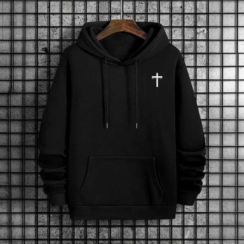 Mens Urban Hoodie 2025 High Quality Solid Color Long Sleeve Sweatshirt Casual Sporty Hooded Outerwear Jesus Cross Print Pullover — image 1