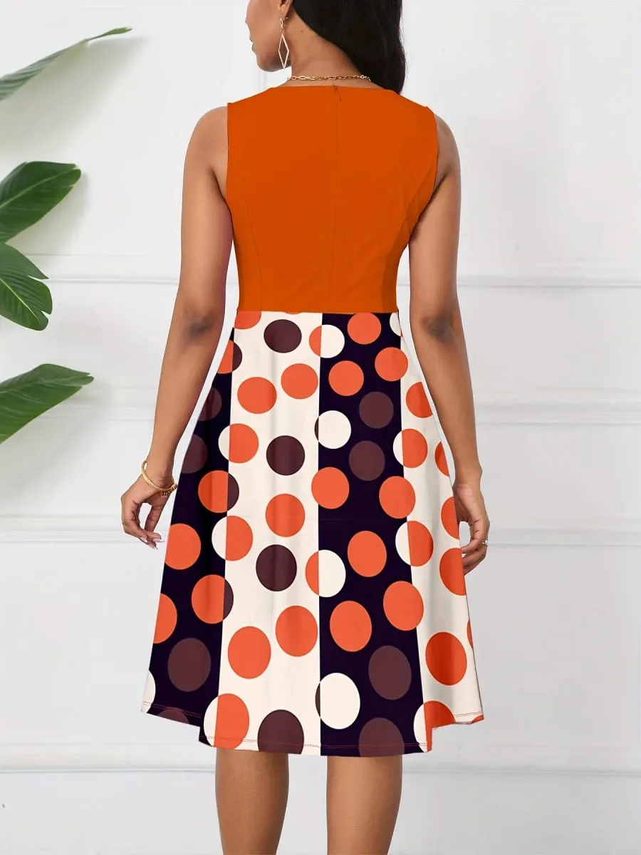 Womens Summer Twist Crew Neck Sleeveless Peplum Polka Dot Patchwork Casual Elegant Fit And Flare Party ALine Swing Dress — image 3