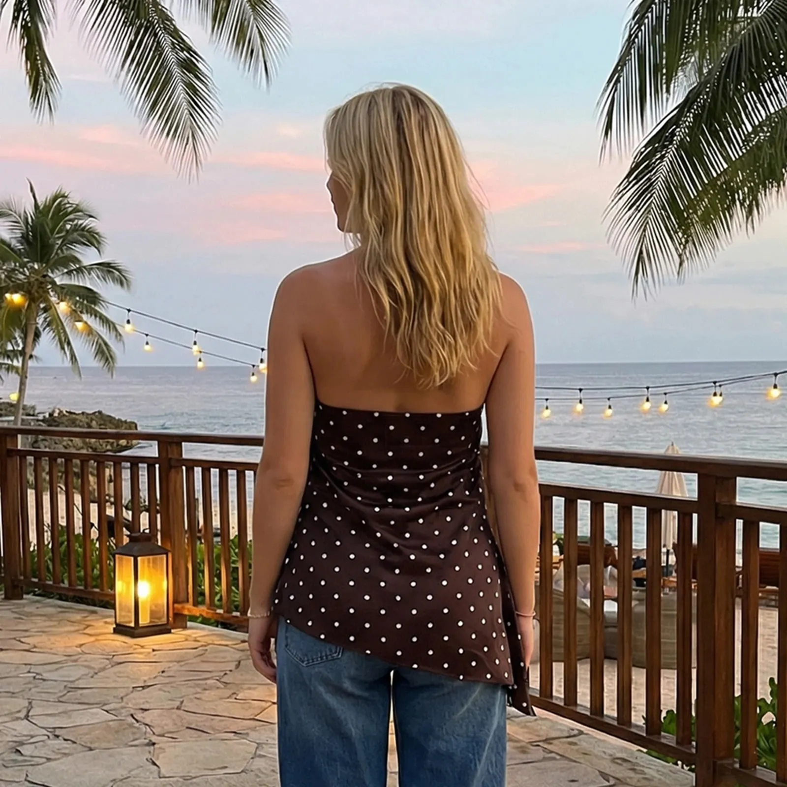 Women Summer Vintage Dot Print Asymmetric Hem Halter Neck Tanks Tops Sleeveless Backless Slim Fits Tunic T-Shirts Streetwear — image 4