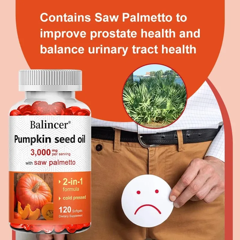Pumpkin Seed Oil 3 000mg with Saw Palmetto Softgels - Dietary Supplements for Heart Brain Hair & Bladder Health