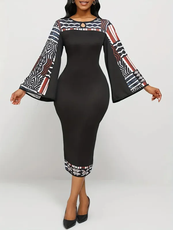 Women's Geometric Pattern Dress Bohemian Bell Sleeve Long Sleeve Asymmetrical Slit Maxi Dress