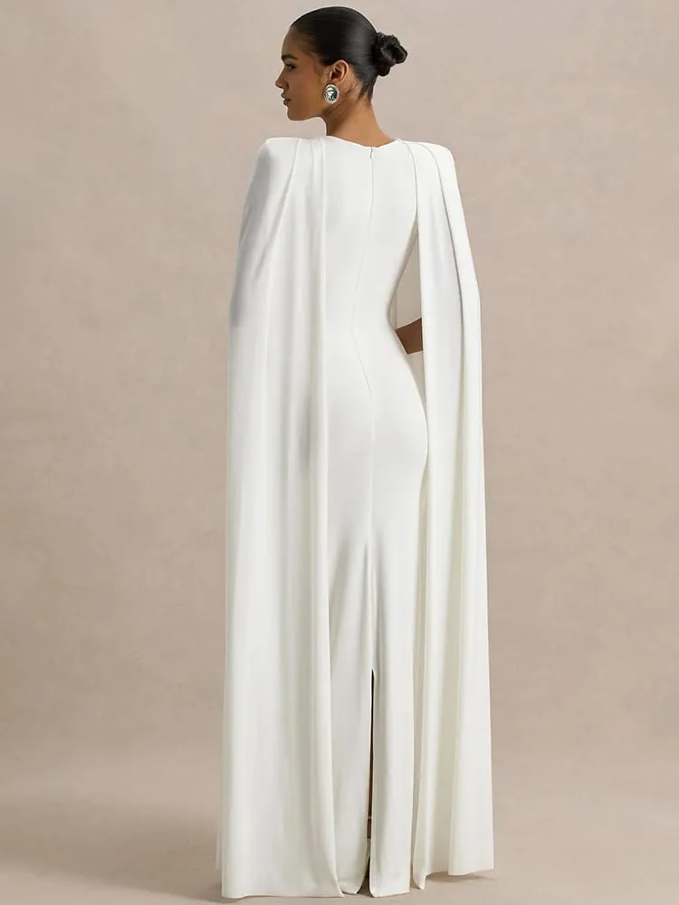 Mozision Cape Sleeve Sexy Maxi Dress Women Gown Elegant Fashion Zipper O Neck High Waist Split Club Party Long Dresses Female — image 2