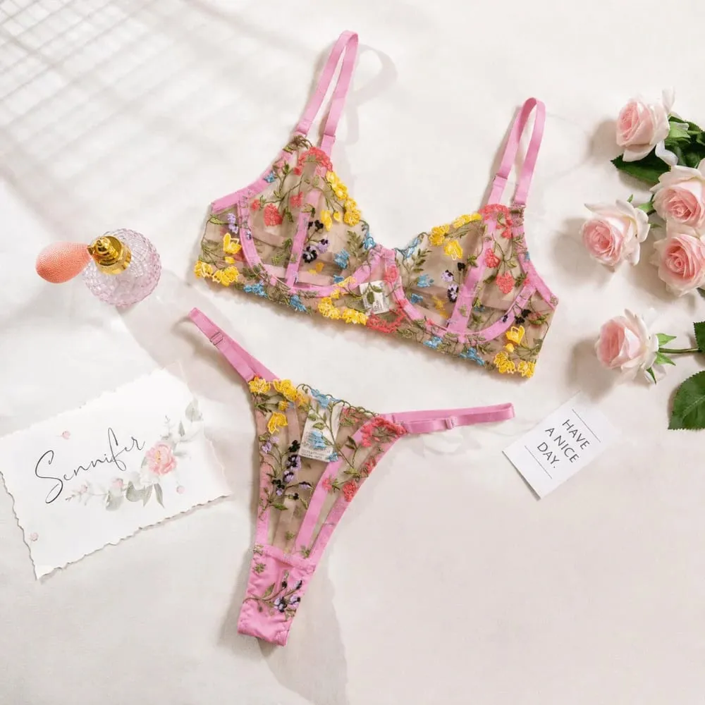 2dílná sada květinového spodního prádla Průsvitné všestranné spodní prádlo Intimky Výšivka Kostice Push-up Bra Kalhotky pro slečnu