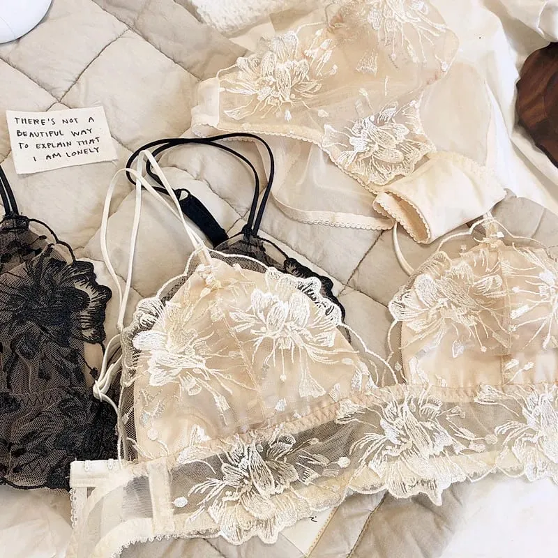 Embroidered lace sexy bralette no steel ring triangle cup big breasts ultra-thin underwear set breathable bra lingerie sets — image 5