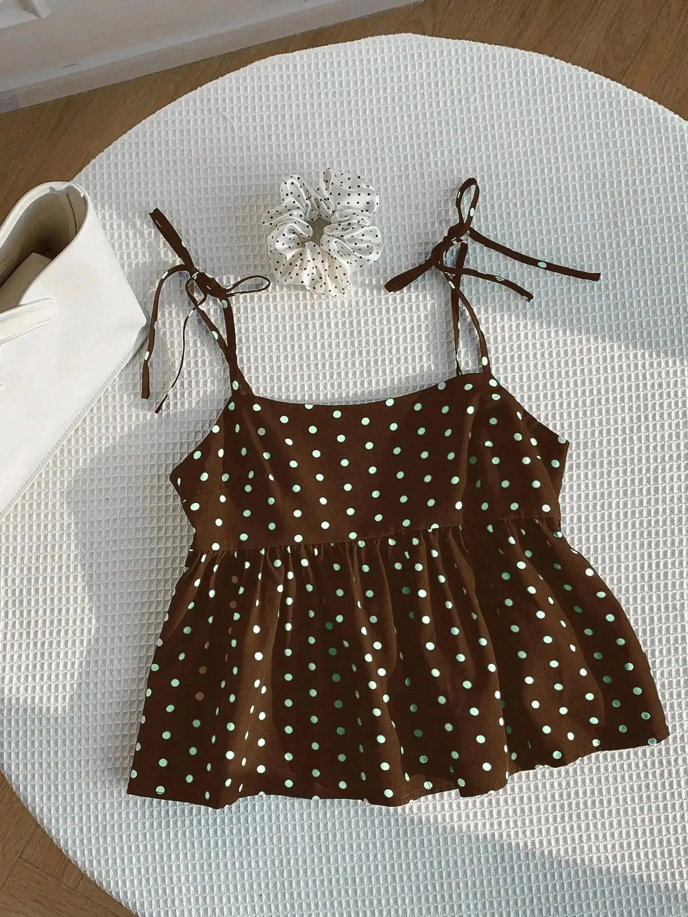 Women's Polka Dot Crop Cami With Spaghetti Straps And Flared Hem Polka Dot Camisole Babydoll Top Babydoll Tops Polkadot Top Cute