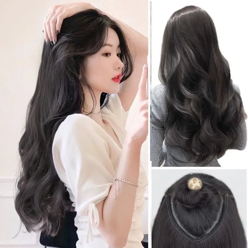 22Inch Synthetic Long Curly Hair Extension 4 Clips V-shape Natural Brown Black Hairpiece for Women — image 2