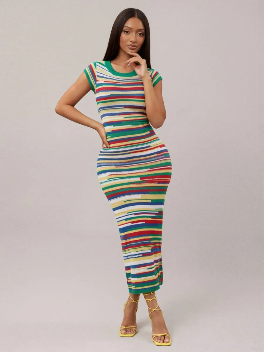 Multi-color rainbow-striped knitted round-neck short-sleeved dress suitable for various daily outfits elegant and casual women — image 4