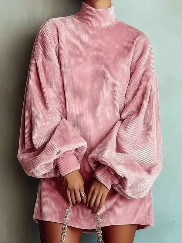 Women Corduroy Turtleneck Mini Dress Oversized Elegant Loose Lantern Sleeve Casual Dresses Autumn Winter Streetwear Short Dress