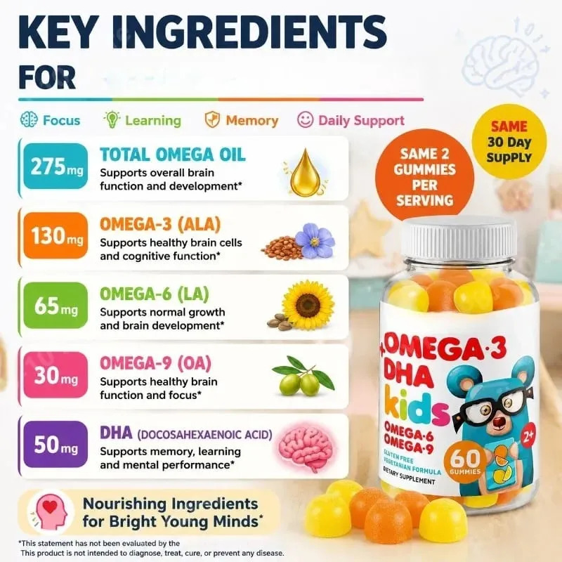 Kids Omega 3 DHA Gummies with Omega 6 & 9 Vitamin C for Brain Eye & Heart Support Vegetarian Gluten Free Ages 2+ 60 Count — image 3