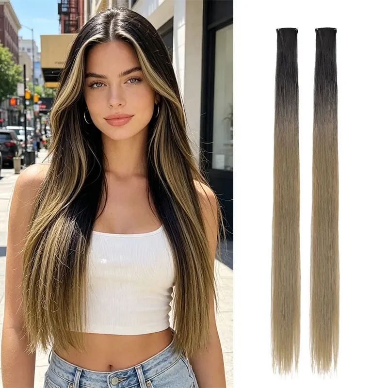2Pcs Pack Two-Tone Ombre Highlight Clip in Wig Straight Hair Piece Synthetic Fiber Comb for Daily Party Look — image 18