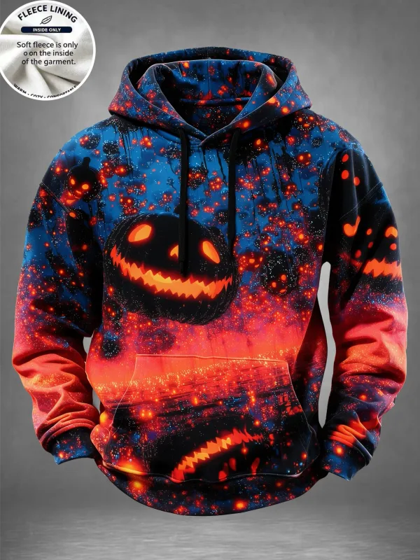 English: Halloween Haunted House Ghost Pumpkin Bat Print Hoodie Men Fleece Lined POD Sweatshirt Casual Long Sleeve Pullover