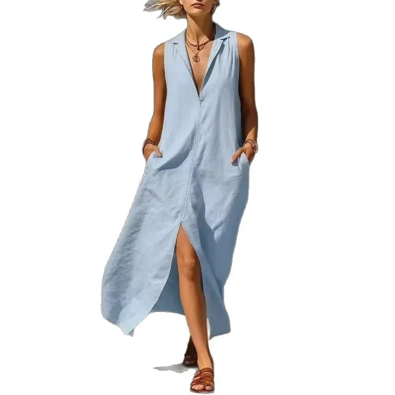 Casual Lapel Loose Sleeveless Maxi Dresses For Women Summer Tank Split Beach Long Dress Solid Colors With Pockets 2026 Sundress — image 5