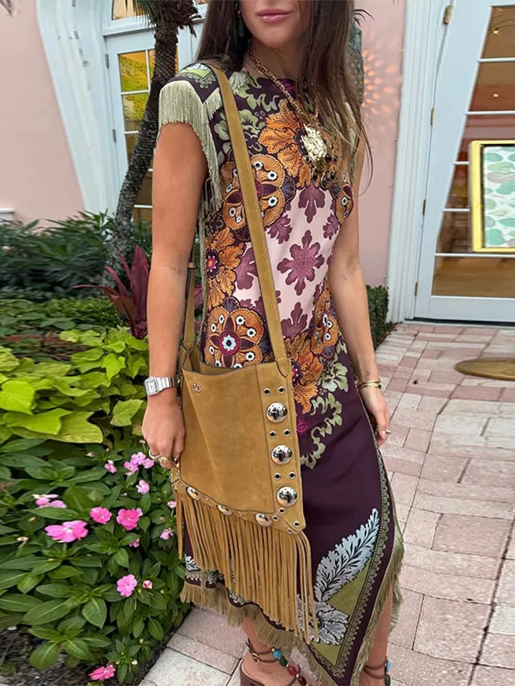 Elegant Printed Women's Dress Fringed Sleeveless Slim Irregular Lady Dresses 2026 Spring Summer Chic Female Holiday Robe