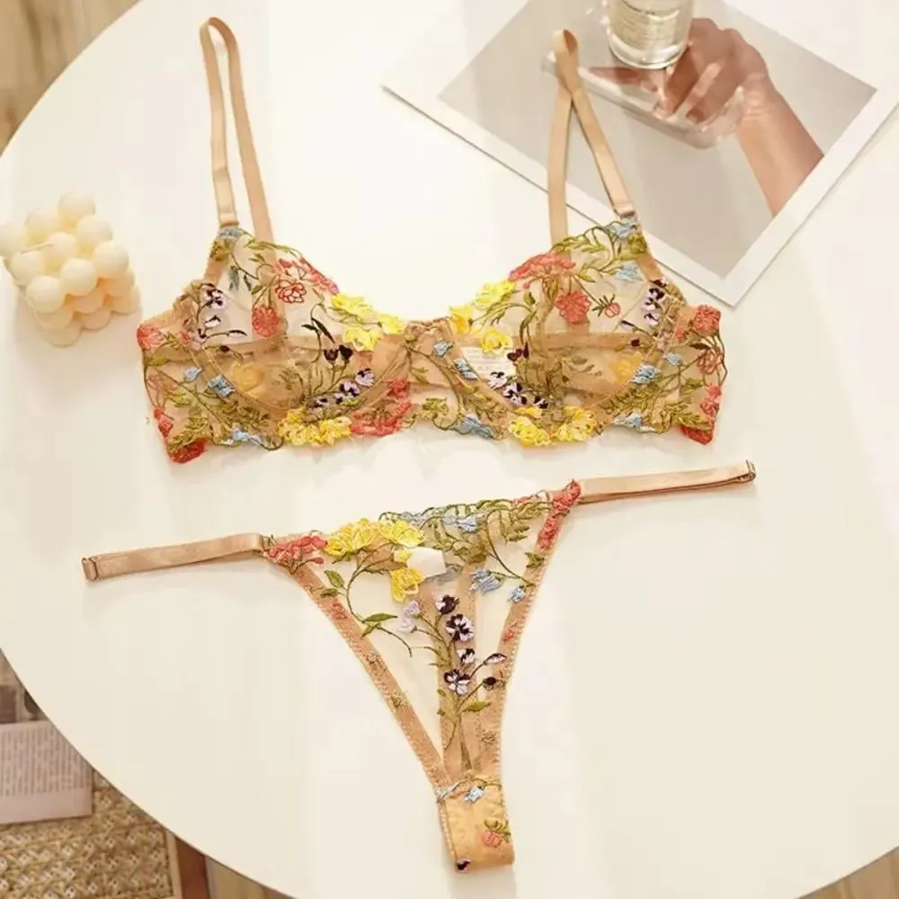 Bohemia Transparent Lingerie Set Ultra-thin Elegant Embroidery Floral Underwear Push Up Bra Suit Honeymoon — image 2