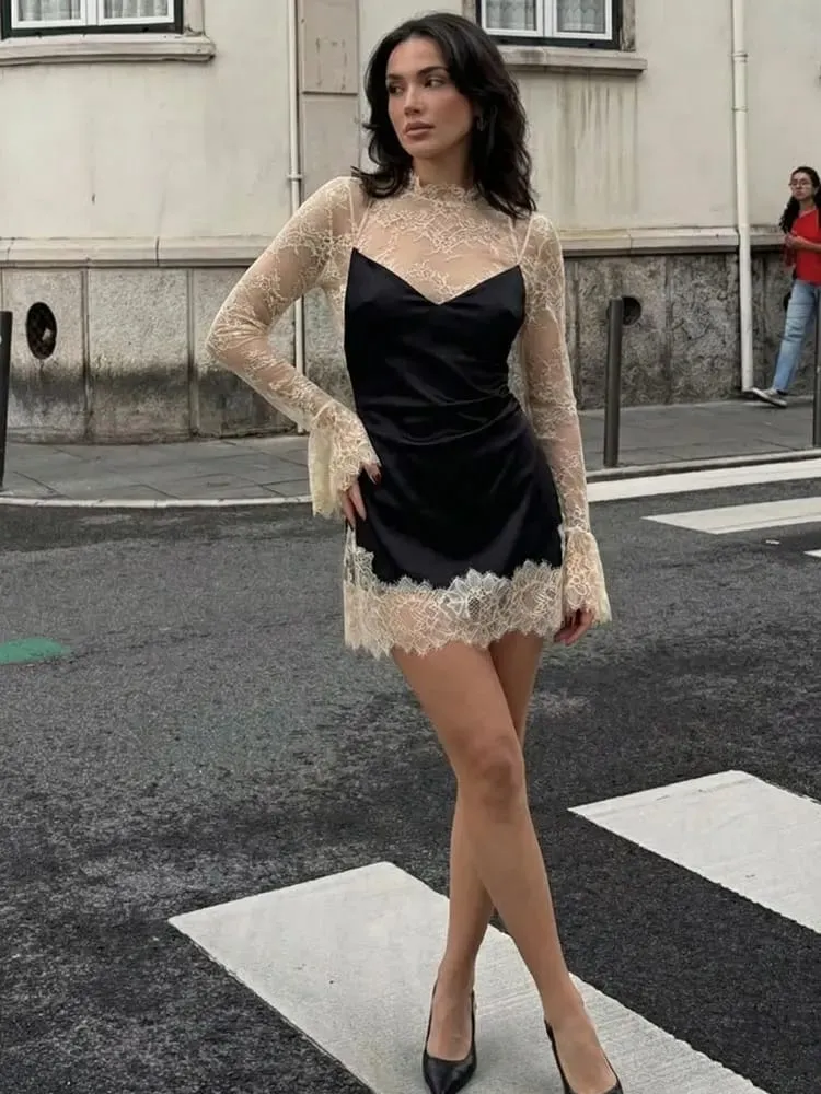 HH 2026 Women Lace Patchwork Mini Dress Vintage Contrast Slim Long Sleeve Dresses Y2k Summer Fashion High Street Lady Chic Dress
