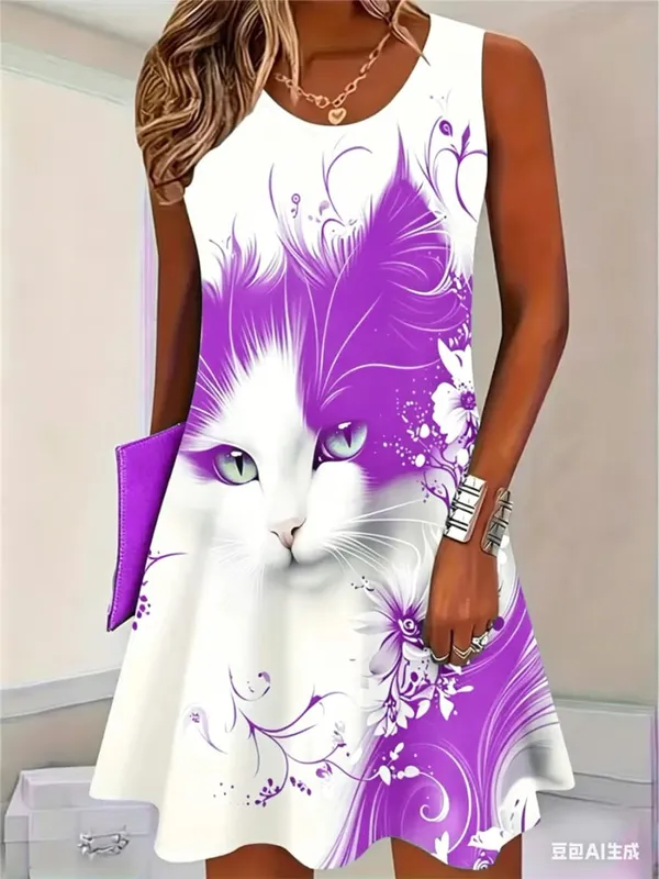 2026 New Fashion Cat Pattern Women Mini Dresses Summer Sleeveless 3D Printed Street Hip Hop Ladies Dress 3XL Plus Size Dress — image 7