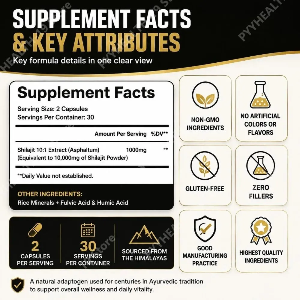 Shilajit Resin Capsules from Himalayas 1000mg 10:1 Extract 40% Fulvic Acid 60 Count Supports Stamina & Endurance Brain Function — image 3