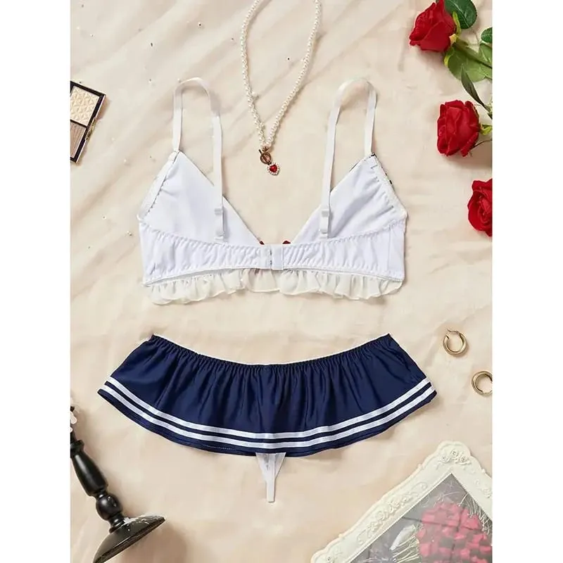 Erotic Sexy Student Uniform Bra And Panty Set Underwear Transparent Bra Exotic Sets Sexy Thong Woman Porn Lingerie Women Costume