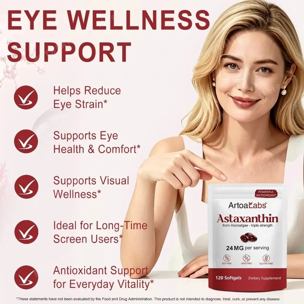Astaxanthin Softgels 24Mg Kekuatan Tiga Kali Lipat Antioksidan Kuat Mendukung Kesehatan Mata Mikroalga Bebas Kedelai Bebas Gluten 120 Hitung — image 3