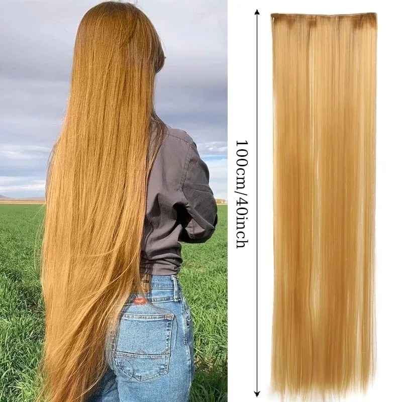 40inch Super Long Hair Extensions Wig Straight 5Clips in Hair Extensions Synthetic Hairpiece Fake Hair for Women Daily Party Use