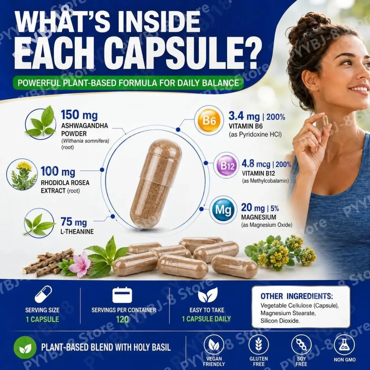 AcentiaLabs Cortisol Health & Support Capsules with Holy Basil Ashwagandha and Magnesium for Calm Stress Balance 120 Capsules — image 5