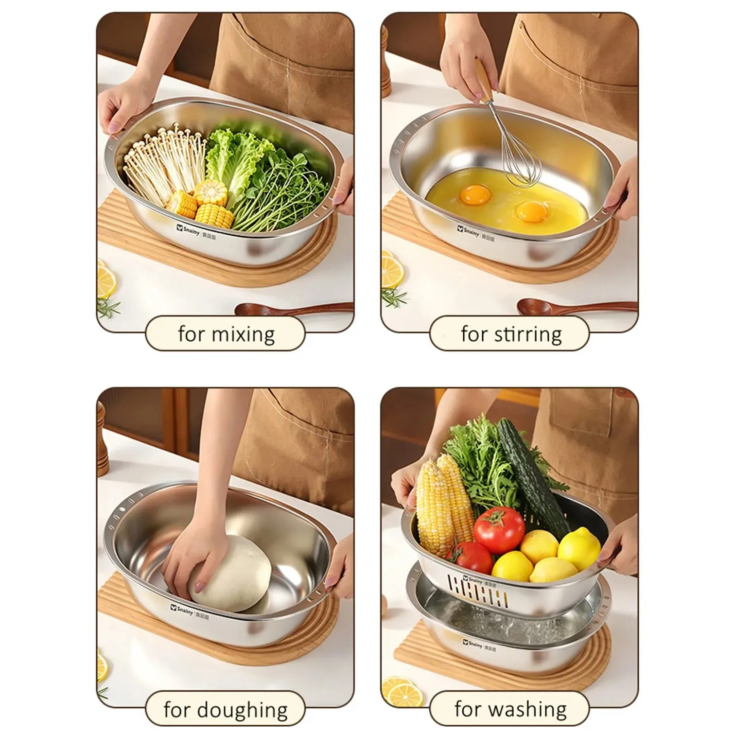 Food-grade Stainless Steel Basin and Colander Set Washing and Draining 2 in 1 Kitchen Accessories Ultrasonic Polishing Gadgets — image 6