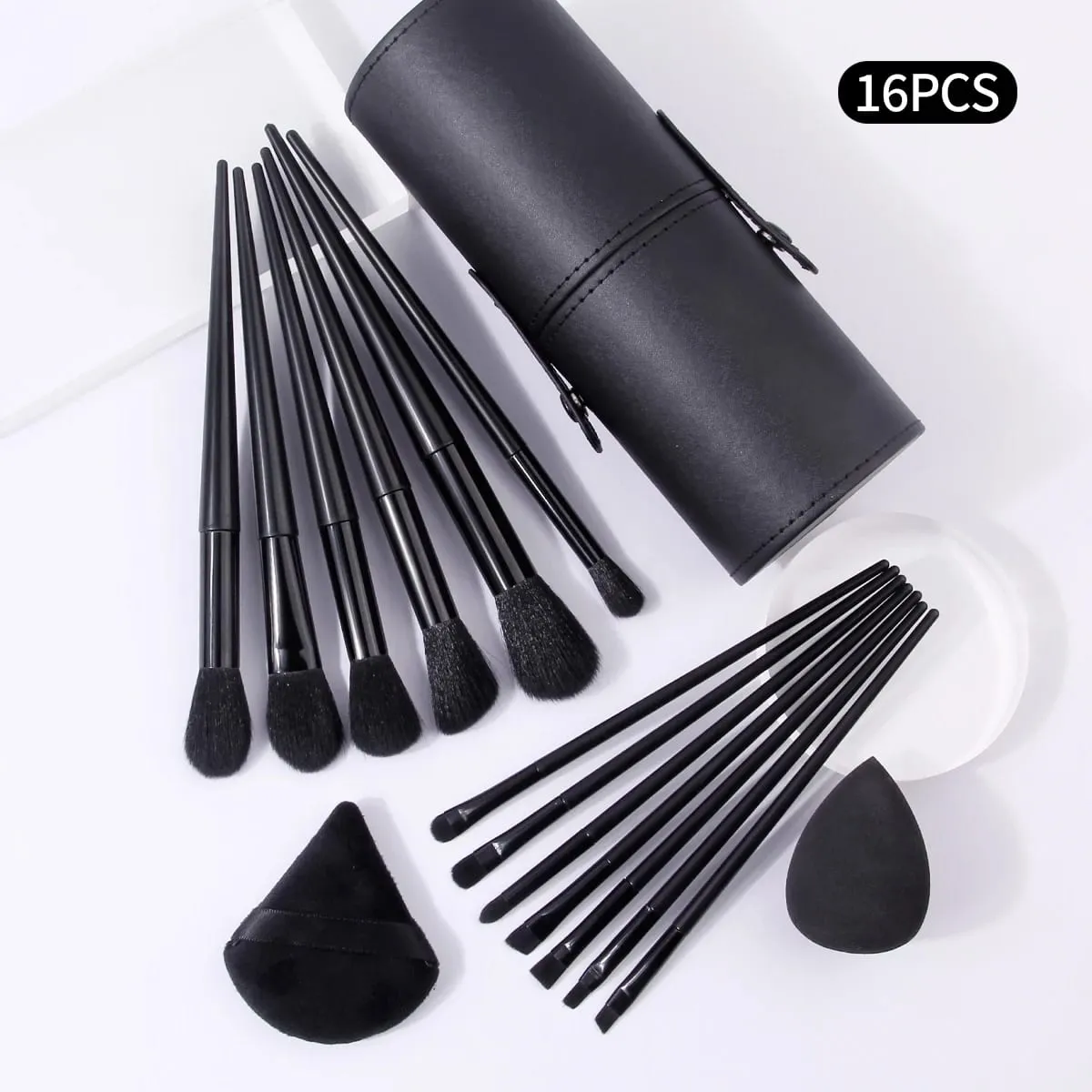 16Pcs Black Makeup Brush Kit with Storage Holder & Powder Puffs Soft Fluffy Brushes Premium Black Synthetic Brushes for Full F — image 2