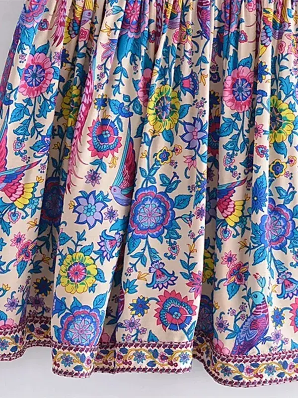 Vintage Chic Wanita Peacock Floral Print Gaun Mini Bohemian V-leher Dalam Wanita Lengan Pendek Happie Beach Boho Dress Vestidos — image 4