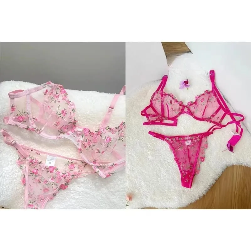 Korean Hot Lace Bra Set Floral Embroidery Transparent Mesh Ultra Thin Big Bust Modest Summer Ladies Daily Wear Underwear 32-38