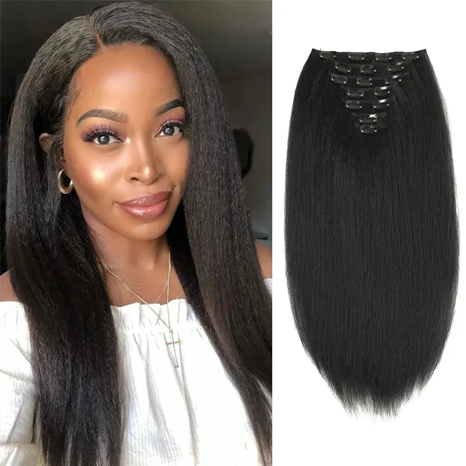 Synthetic Yaki Straight Clip in Hair Extensions Straight Hairpieces Clip ins Synthetic Hair Extension 22inches for Women