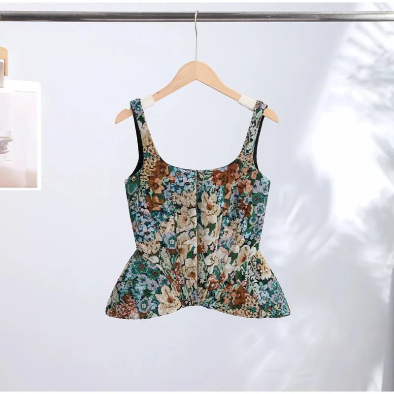 Chic Print Flower Slim Top Women Sleeveless Slash Neck Sling Backless Zipper Vest Female 2026 Fashion Summer Autumn Lady Tops