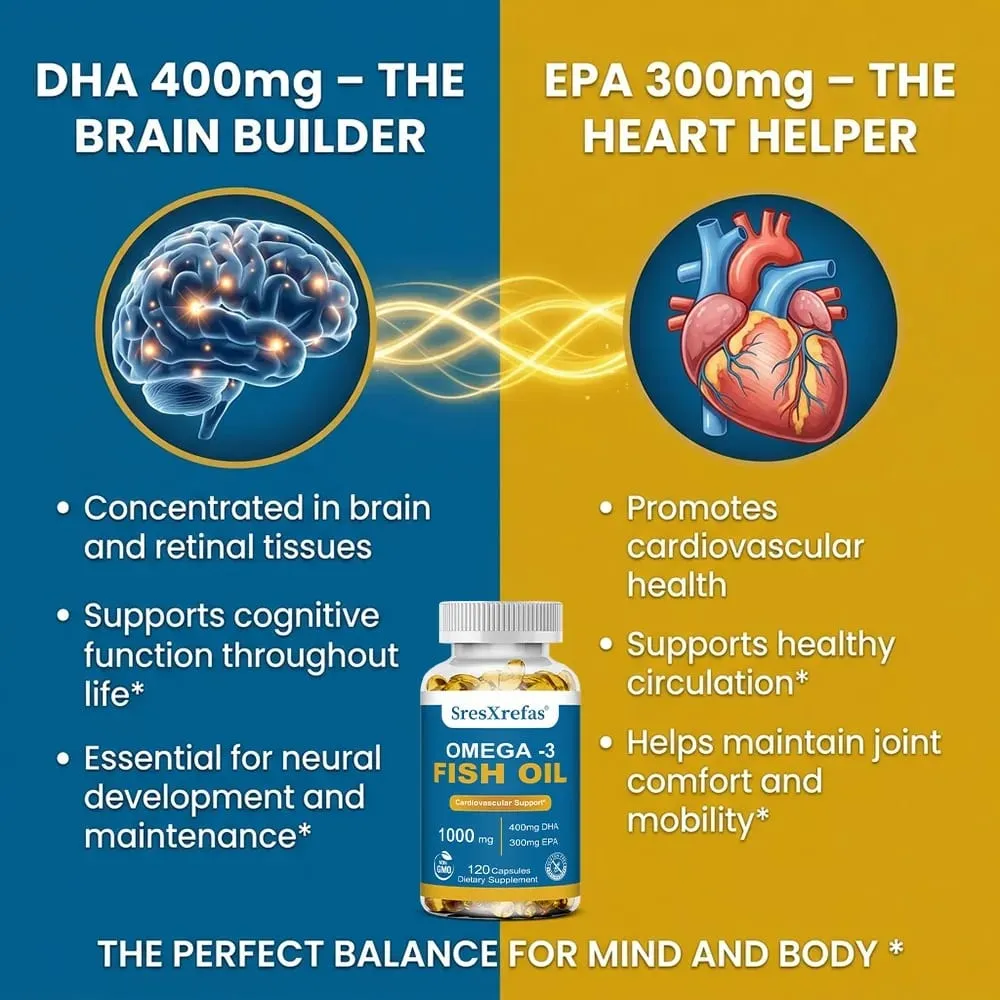 Fish Oil 1000 Mg | Omega 3 + EPA & DHA | Brain Heart Joints Skin and Immune Support | 120 Count Non-GMO Softgels Supplements