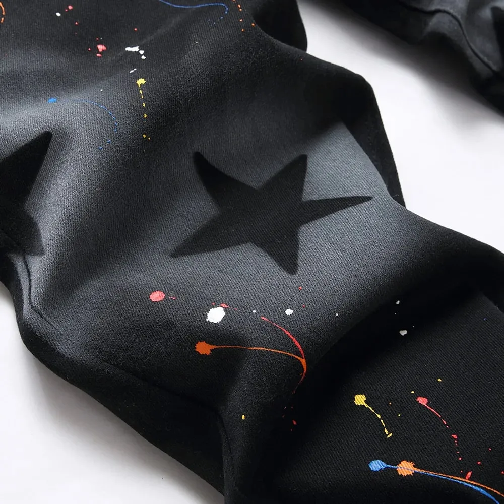 ผู้ชาย Star ทาสี DENIM กางเกงยีนส์ Casual Graffiti พิมพ์กางเกงตรงบางสีดำยืดผ้าฝ้ายกางเกงสแปนเด็กซ์