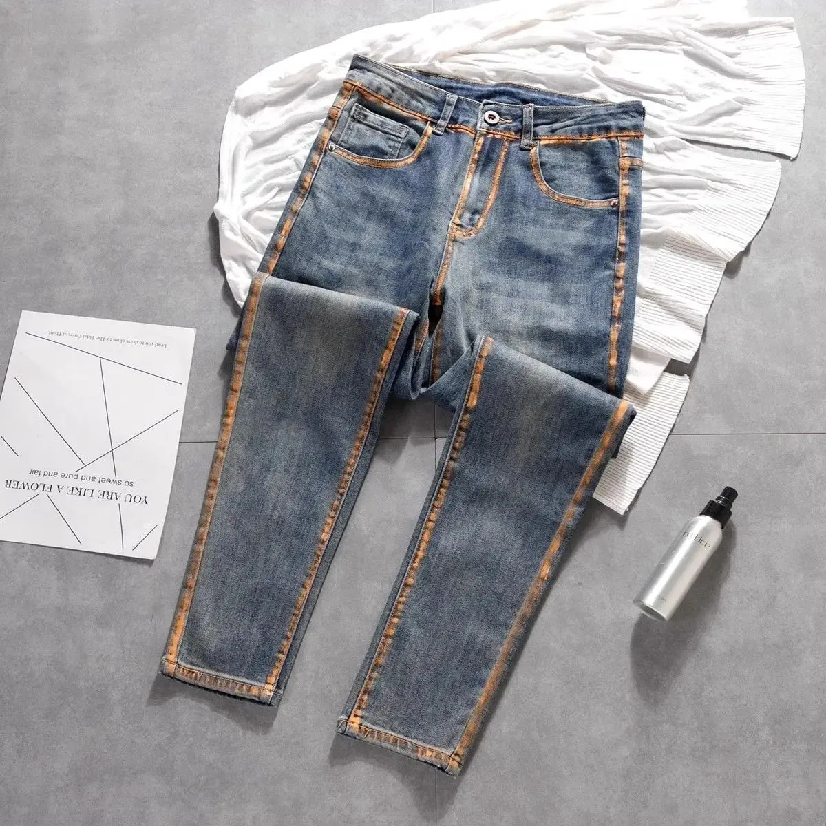 New Trousers Design Small Feet Elastic Slim Jeans High-end Casual Pants New Korean Work Original Paint Printing Trousers Man — image 3