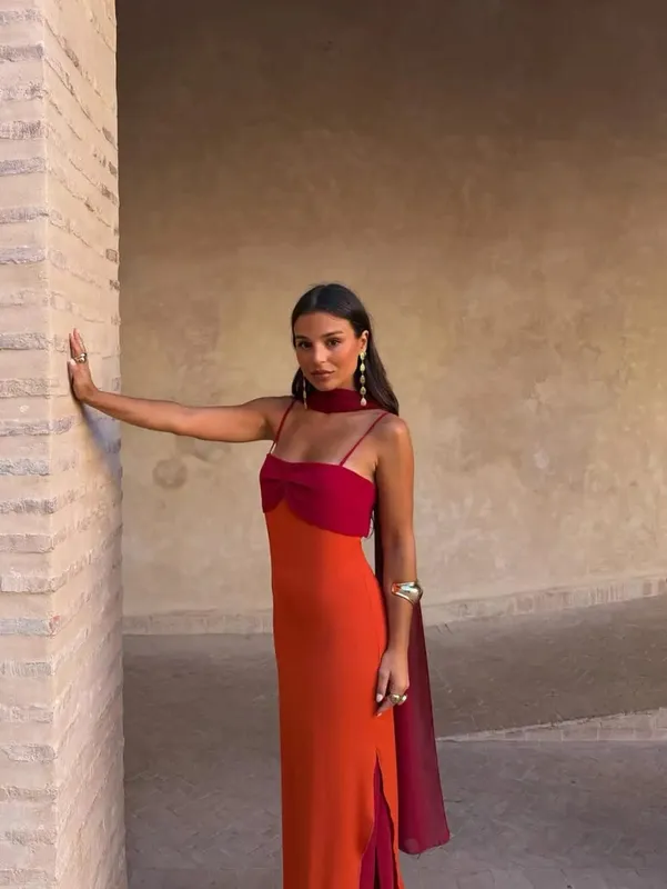 Color Blocking Scarf Collar Suspender Women Maxi Dress Spaghetti Strap High Split Floor Length Evening Dresses Lady Party Robes