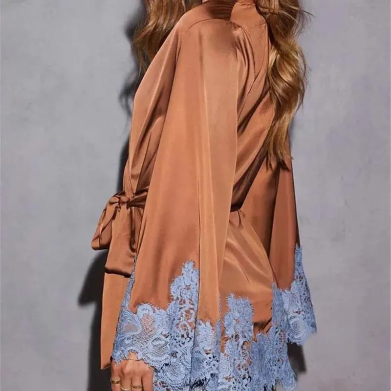 Sexy Chic Brown Lace Satin Womens Dress Spring Deep V Neck Hollow Mini Dress Autumn Long Sleeve Sashes Homewear Night Gown — image 6