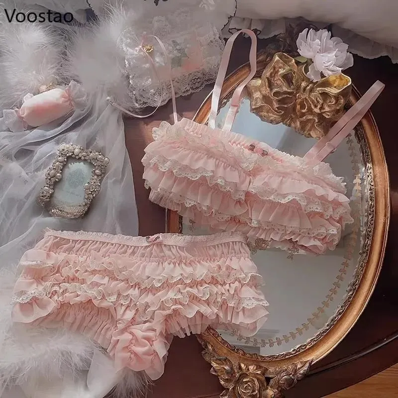 Japonês doce lolita estilo sutiã calcinha lingerie conjunto feminino sexy floral rendas babados briefs kawaii roupa interior calcinha conjuntos