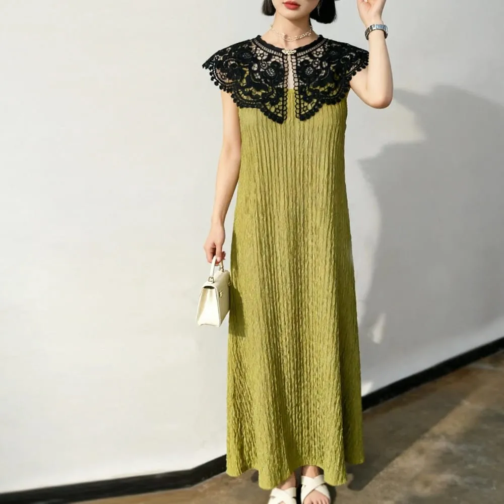Pleated Sleeveless Elastic Long Dresses Women Vintage Palace Style Womens Black White Doll Fake Collar Soft Midi Dress Clothing — image 3