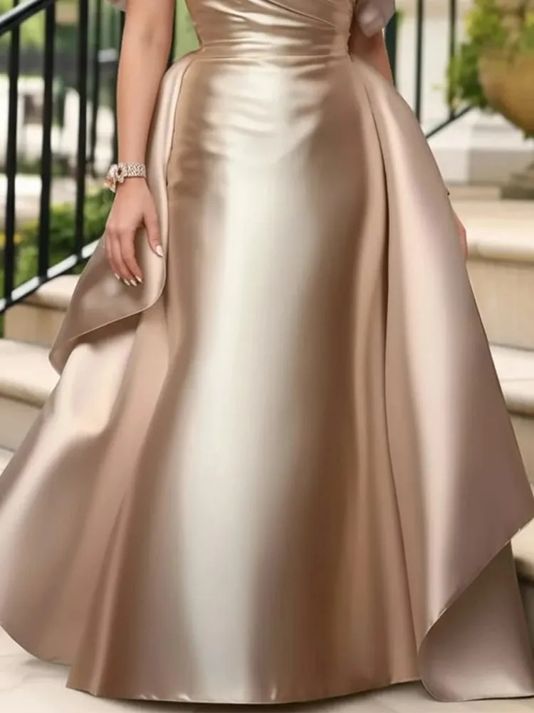 Plus Size Satin Evening Dress for Women's Off Shoulder Puff Sleeve Solid Elegant Cocktail Wedding Guest Maxi Dresses — image 2