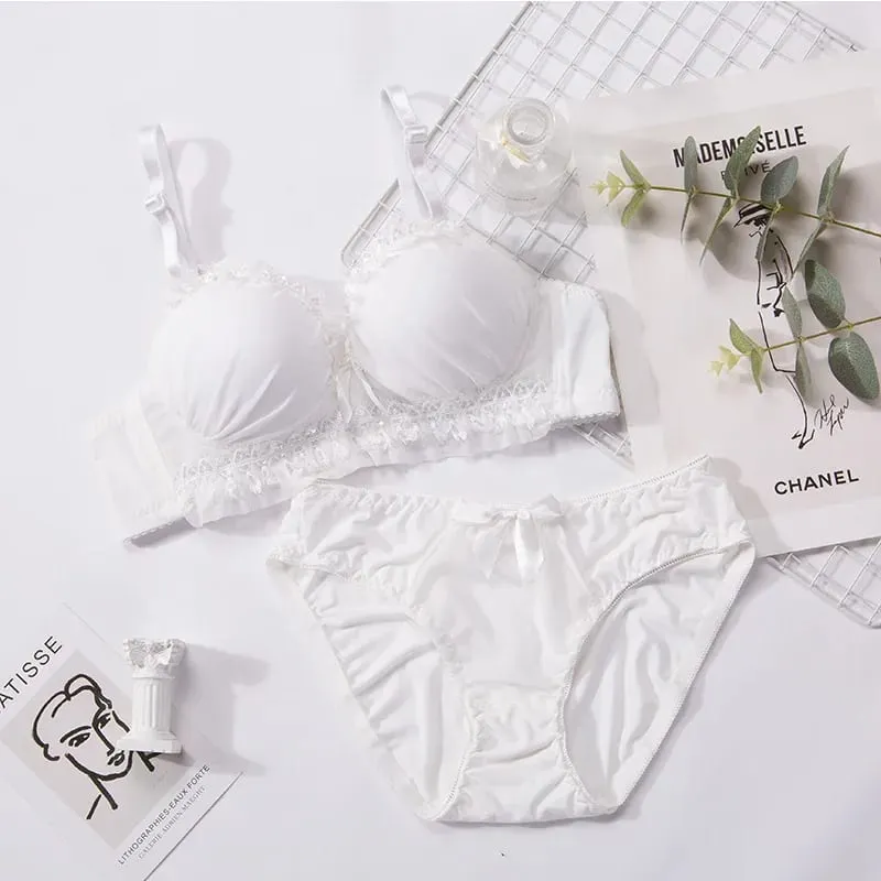 Women Lingerie Set Soft Memory Wire Ruffle Lace Bow Decor Intimate Underwear Suit No Pads Thin Breathable Adjustable Straps — image 6