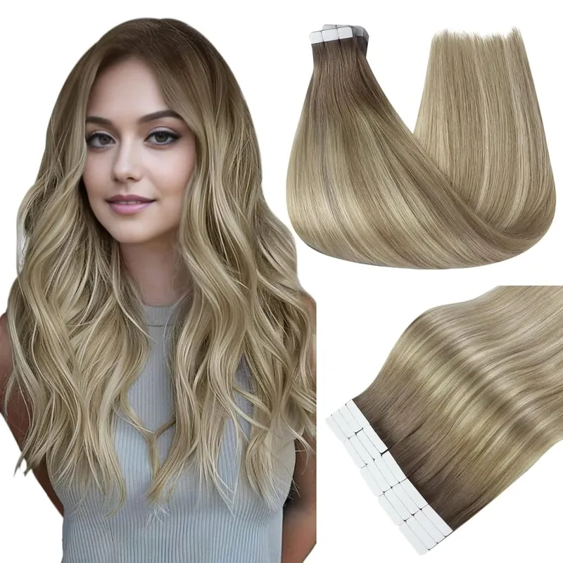 Full Shine Tape in Hair Extensions Balayage Tape ins Human Hair Extensions 20Pcs 50G Ombre Seamless Remy Skin Weft Hair