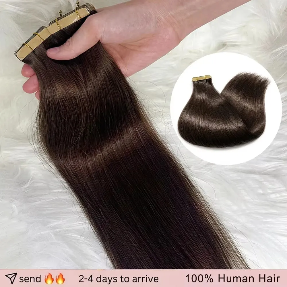 Seamless Brown Tape in Hair Extensions 100% Human Hair Straight 14A Grade Virgin Remy 21pcs 50g Pack Thick End Women #4 Beauty 18 20 22 Inch