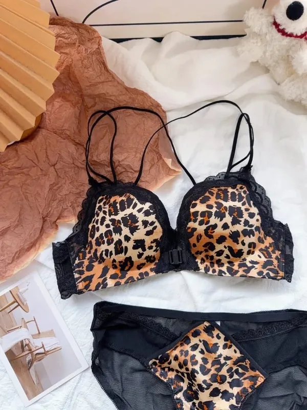Best Selling Leopard Print Front Closure Push Up Bra Set Sexy Back Design Small Bust Enhancing Women Lingerie