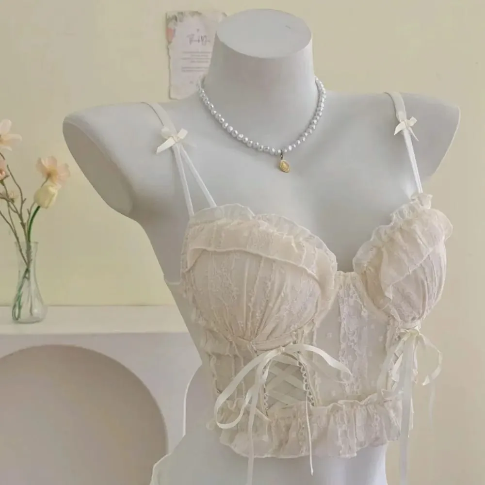 Women Lace Lingerie Set Ruffle Edge Mesh Cross Strappy Push Up Bra For Small Chest Sweet Soft Daily Comfy Underwear Two Piece