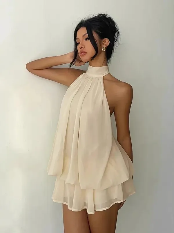 Women Halter Neck Backless Tie Mini Dress Summer Sleeveless Chiffon Ruffle Short Dresses Sexy Club Party Beach Vacation Outfit — image 8