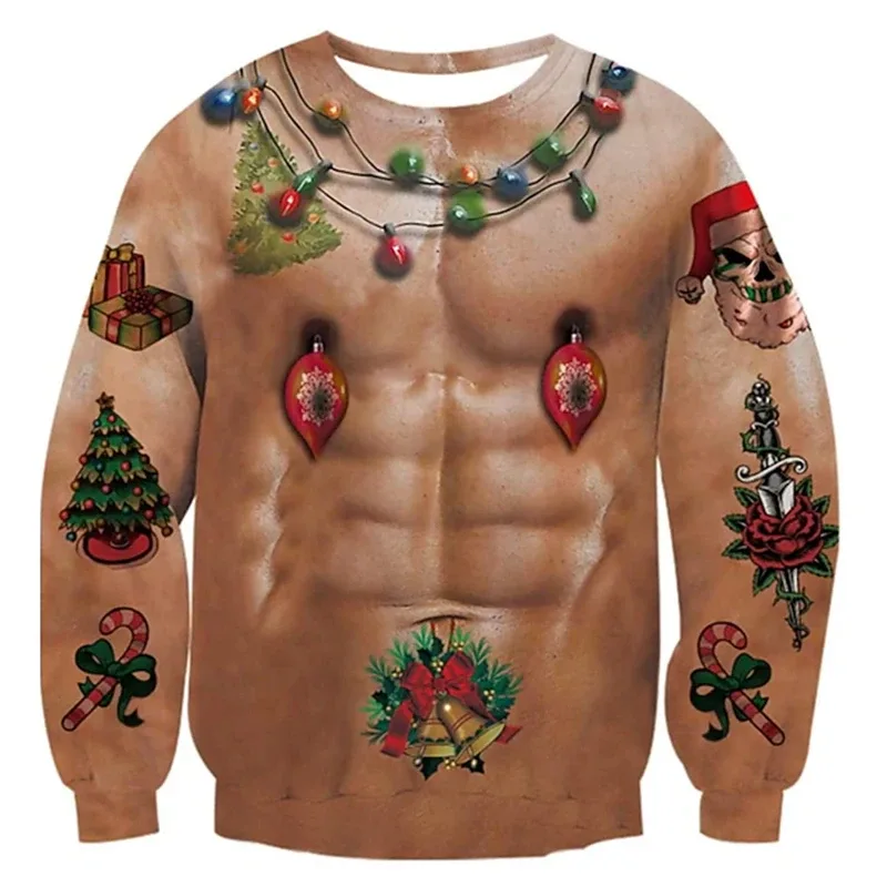 Sweater Hodoh Krismas Baju Kemeja Corak Otot Cetakan 3D Lucu untuk Lelaki Pakaian Cosplay Pesta Pullover Fesyen Baharu Hadiah Xmas — image 8