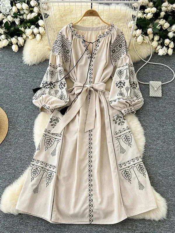 Boêmio retro estilo étnico vestido feminino nova primavera outono bordado rendas até lanterna mangas cintura cinching vestido longo a155