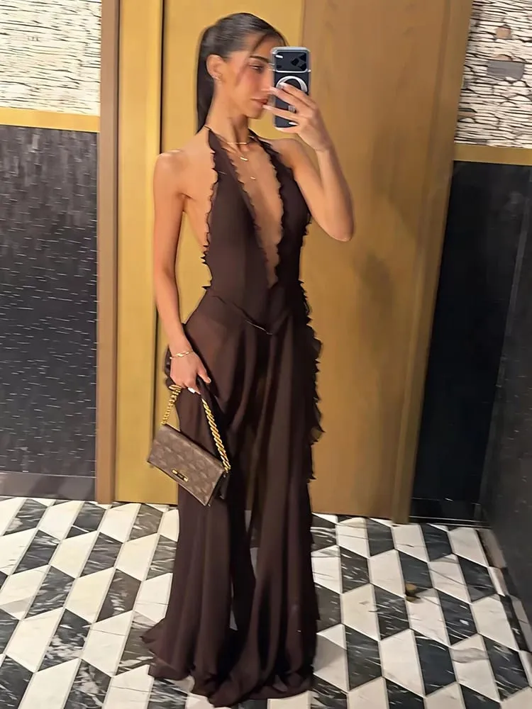 Mozision Halter Deep V Leher Gaun Maxi Seksi Tanpa Belakang Wanita Elegan Off-shoulder Tanpa Lengan High Split Party Club Dress Long Dress — image 3